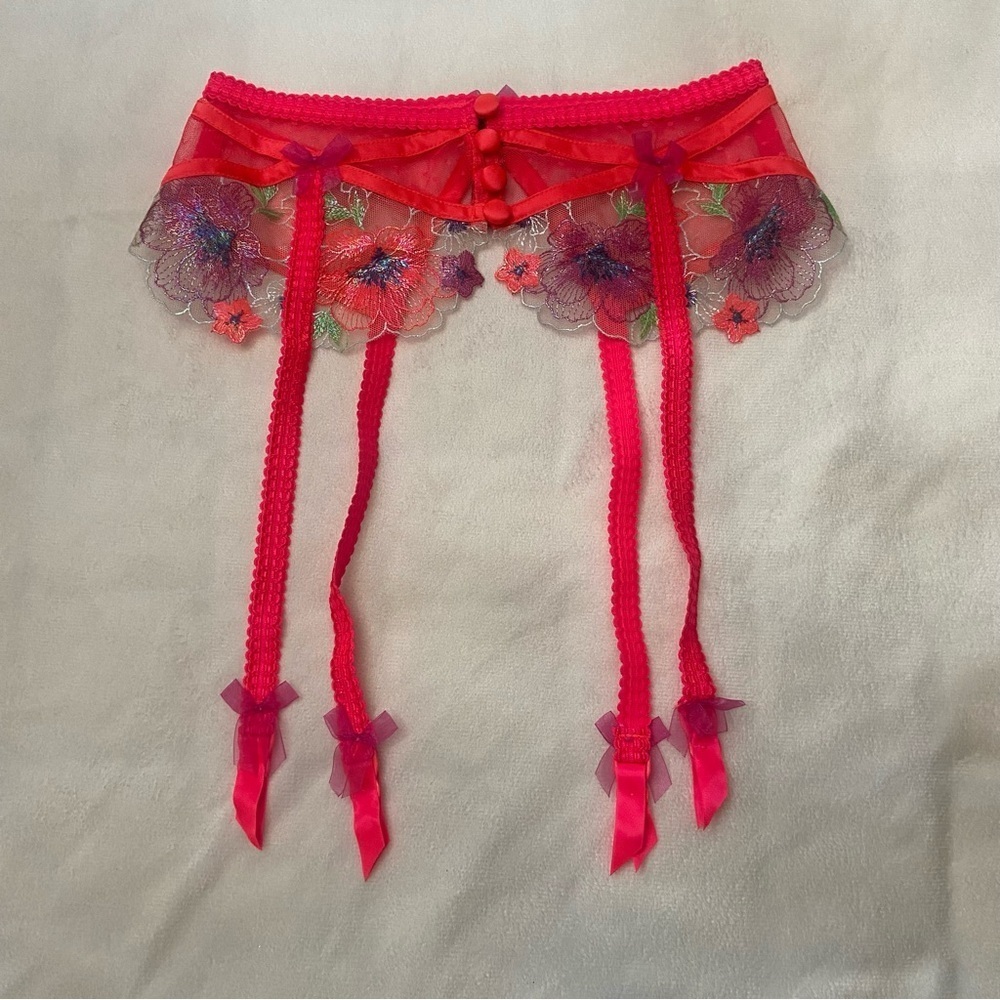 New! For Love and Lemons Zinnia Red Floral Garter Belt Neon 3794 - Picture 2 of 8